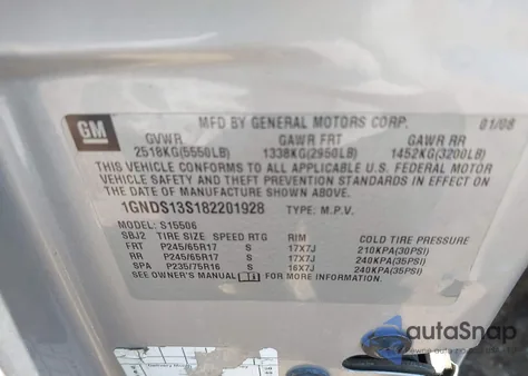 2008 Chevrolet Trailblazer Fleet из США, поврежденный, VIN 1GNDS13S182201928